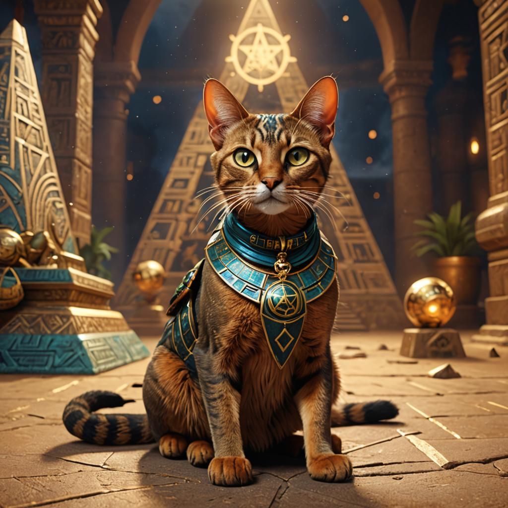 Abyssinian Cat with Scarab Collar in 3D Style