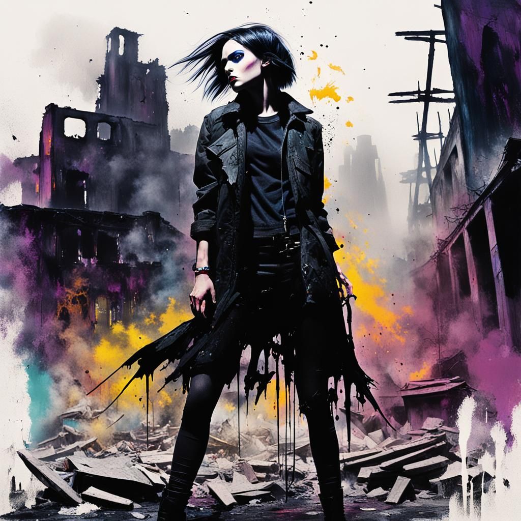 Goth Model in a Bleak, Post-Modern Cityscape