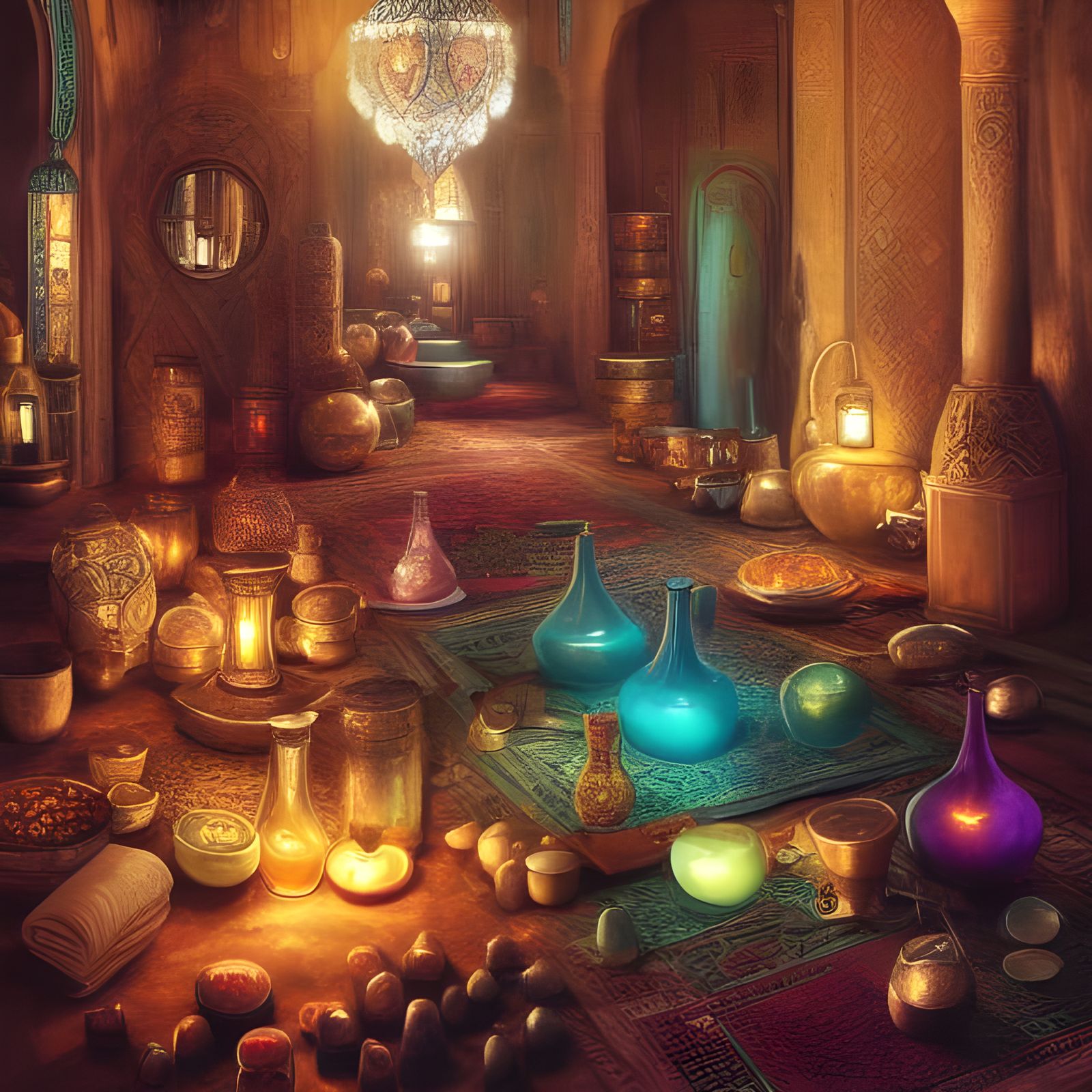 Alchemist's Room with Colorful Potions and Lamps