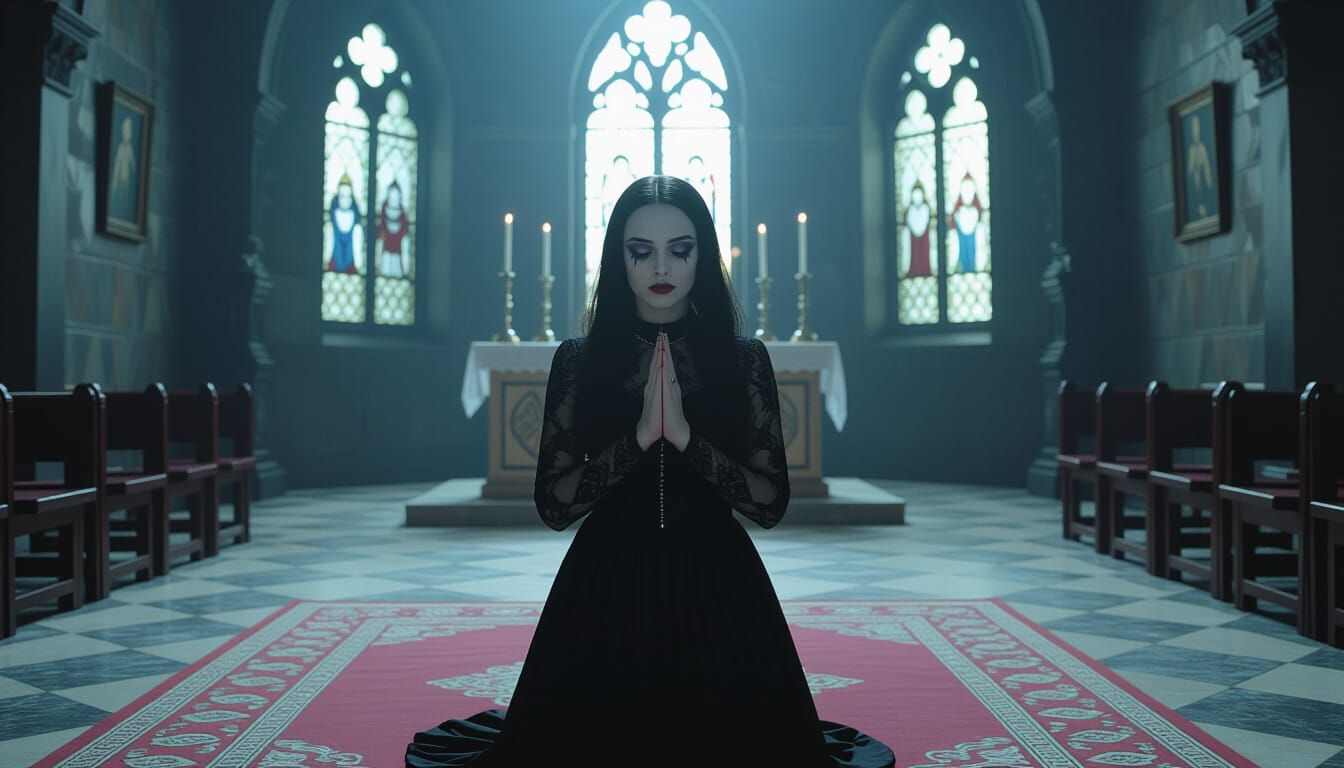 Goth Girl Praying: Dark Fantasy Cinematic Image