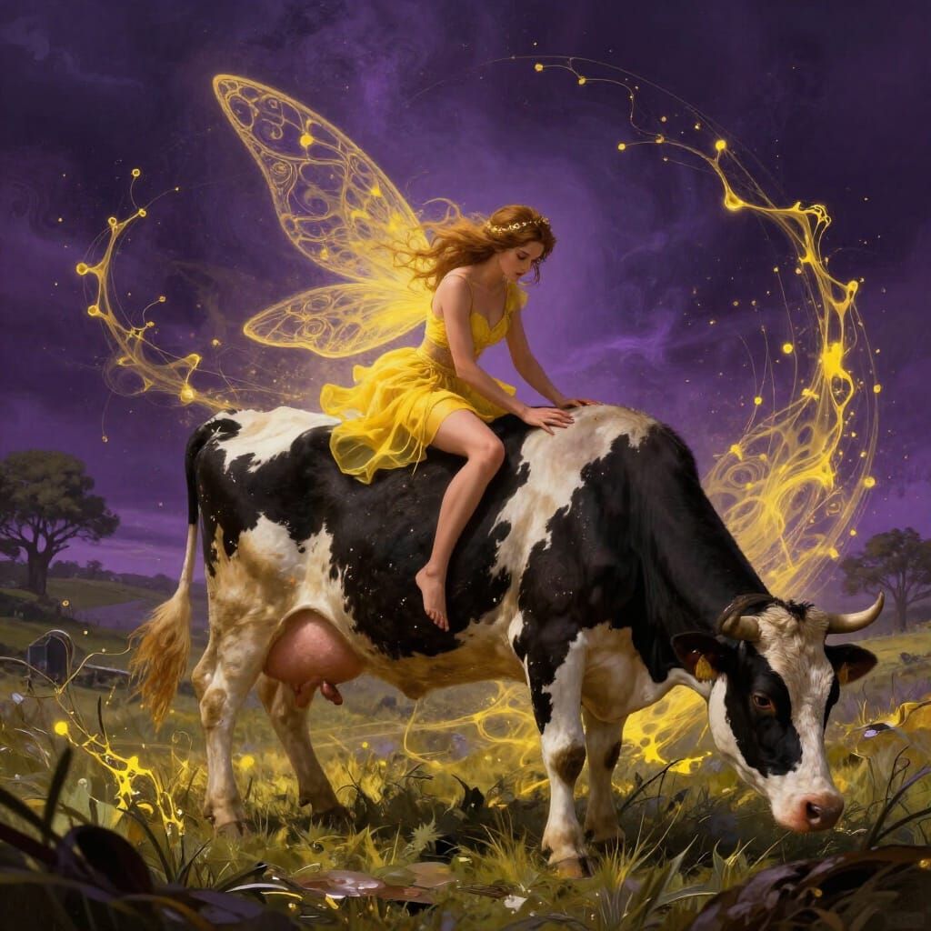 Fairy Milking Cow in Dark Fantasy Style