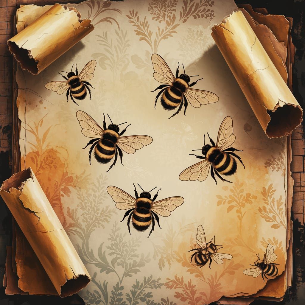 Antique Bumblebees on Dreamy Watercolor Journal Page