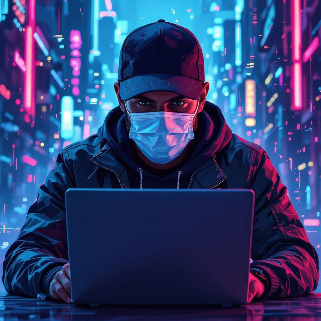 Web3 Man Working in Cyberpunk Style with Neon Lights