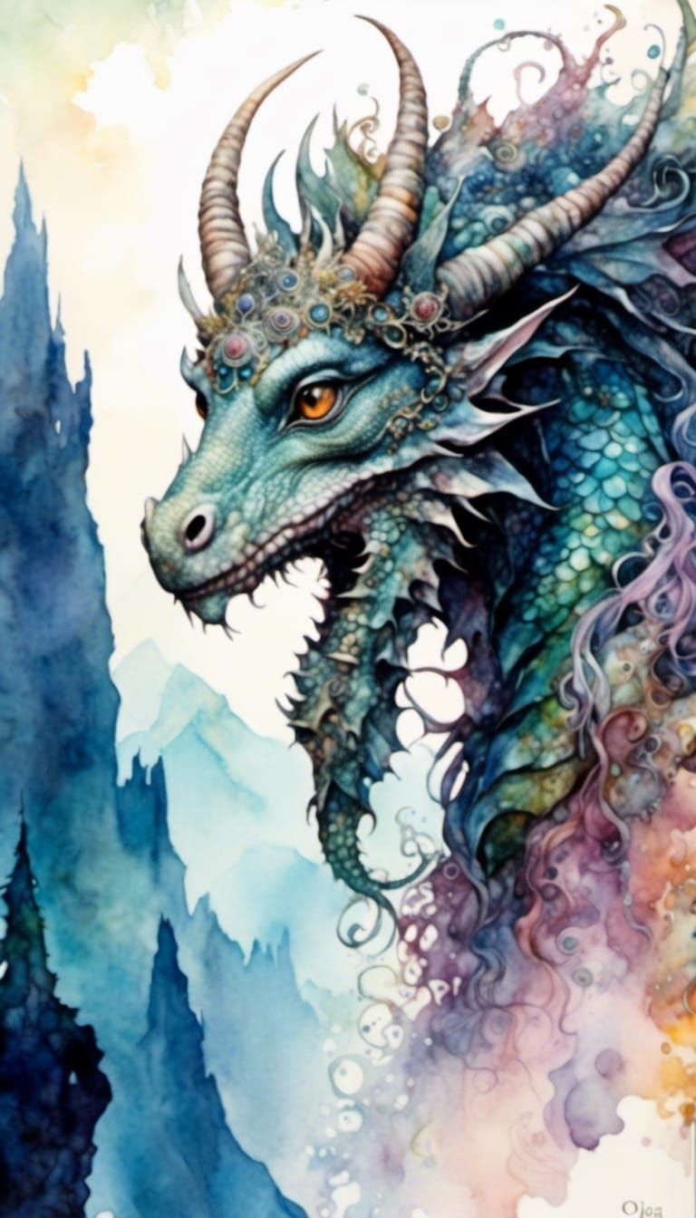 Dragonborn on Mountain in Watercolor Style