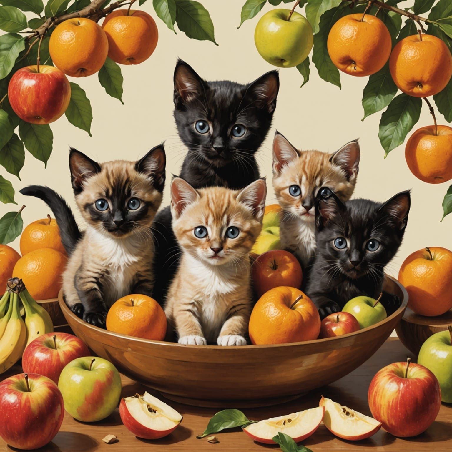 Kittens Playful in Fruit Bowl Scene