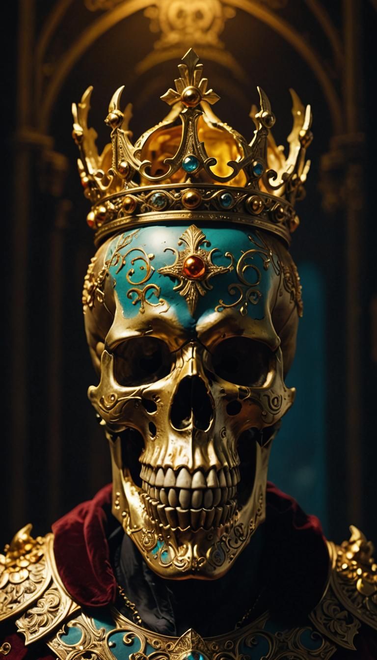 a skull with golden crown on his head