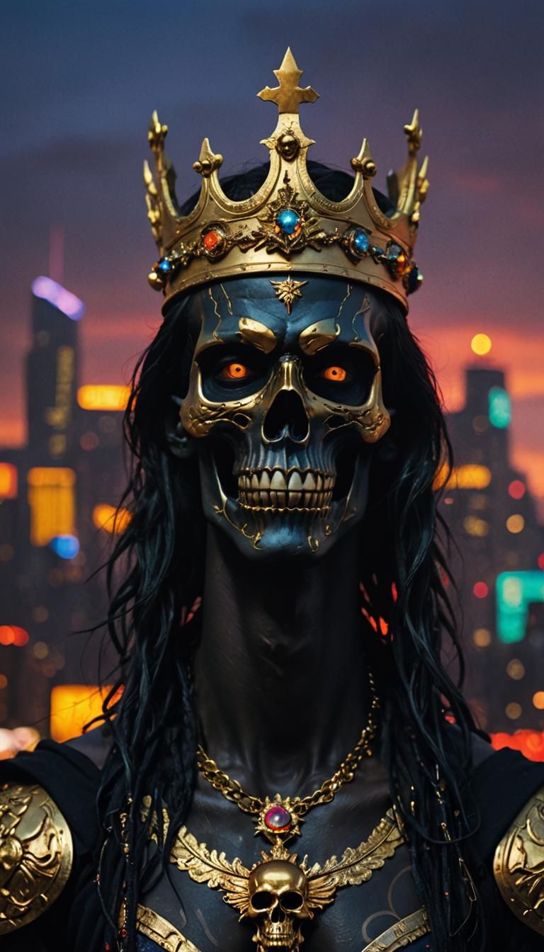 a skull with golden crown on his head