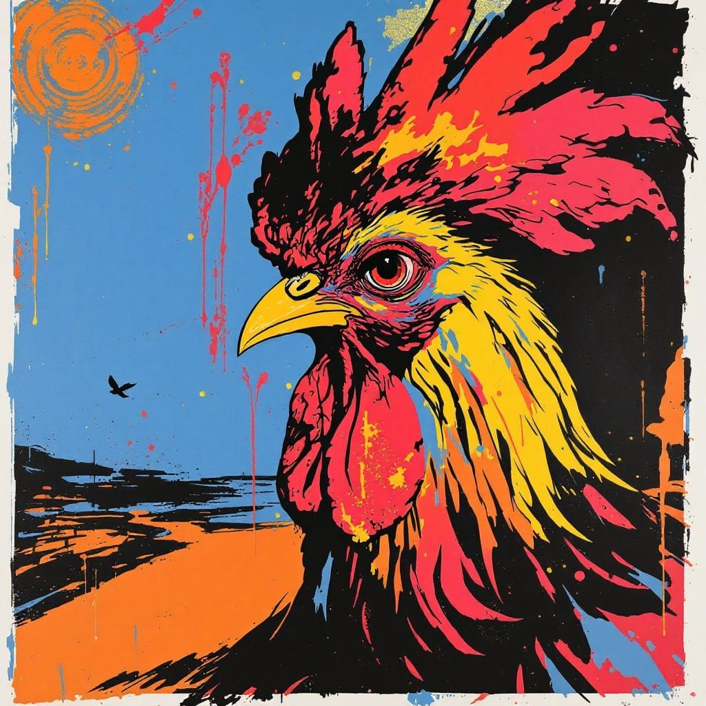 Vibrant Rooster Ascends Through Neon Skies