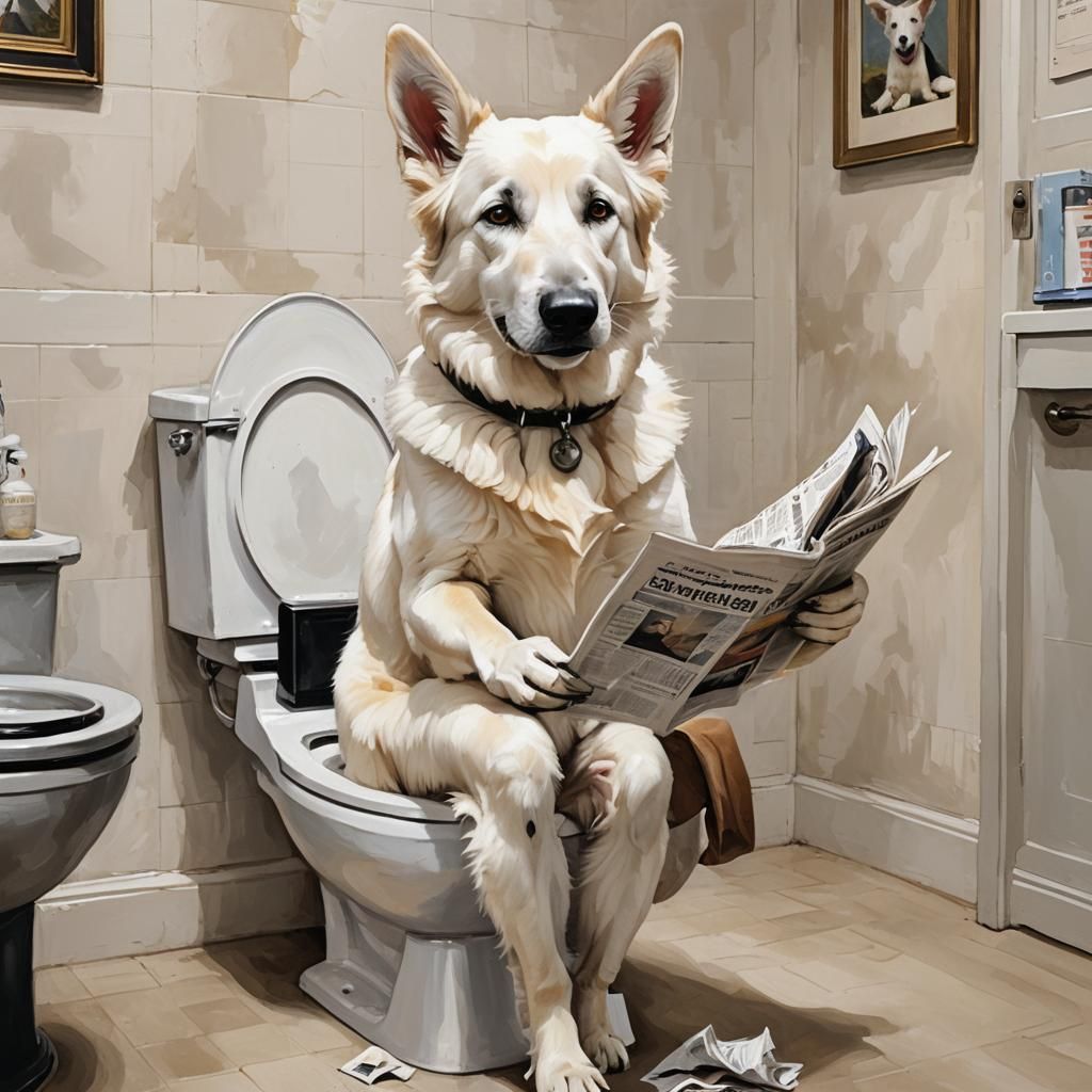 White Shepherd Dog Reads Newspaper on Toilet