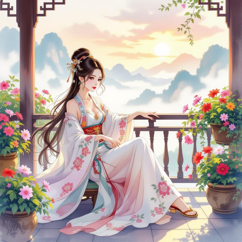 Elegant Asian Fairy on Balcony in Watercolor Style