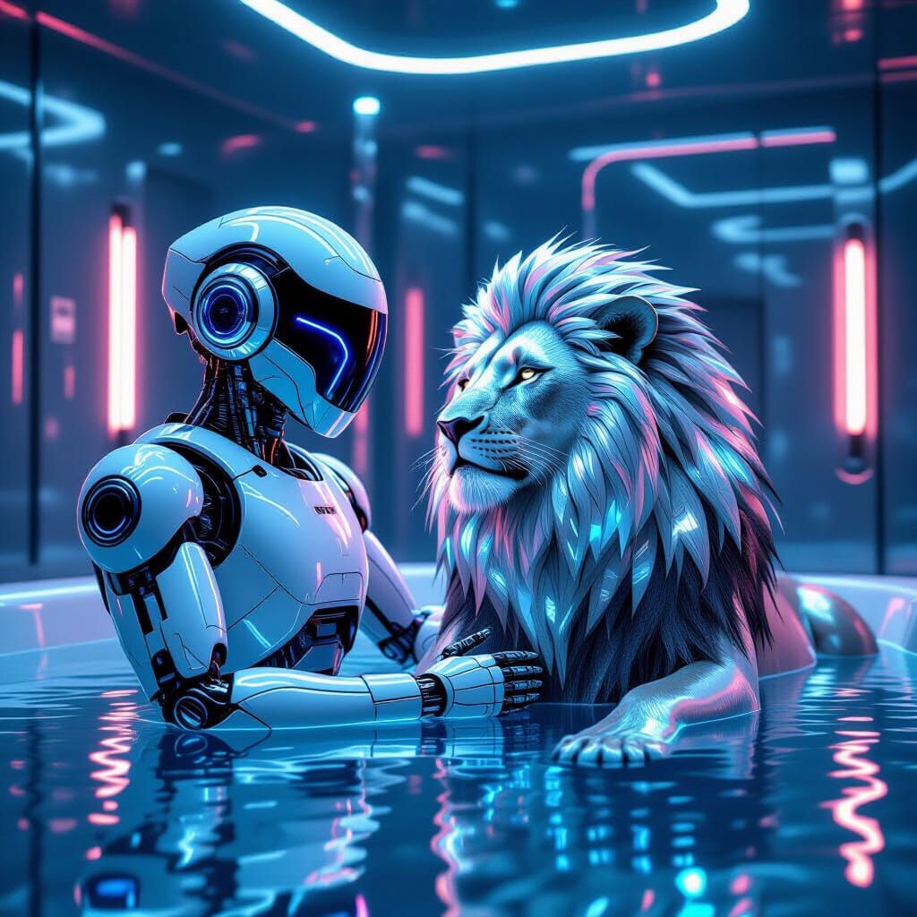 Futuristic Robot Bathhouse: Bioengineered Lion in Neon Light