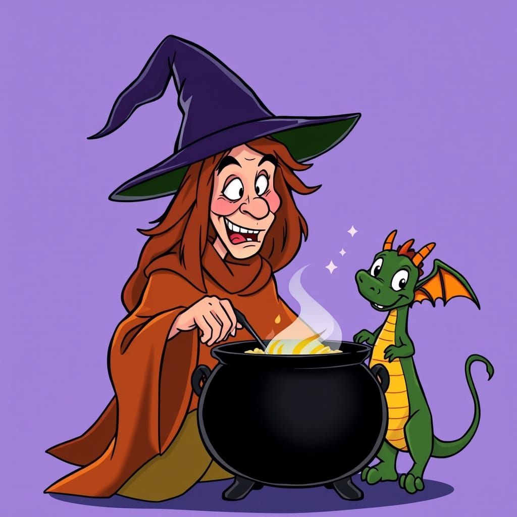 Whimsical Witch Brews Potion with Dragon, Cartoon Style