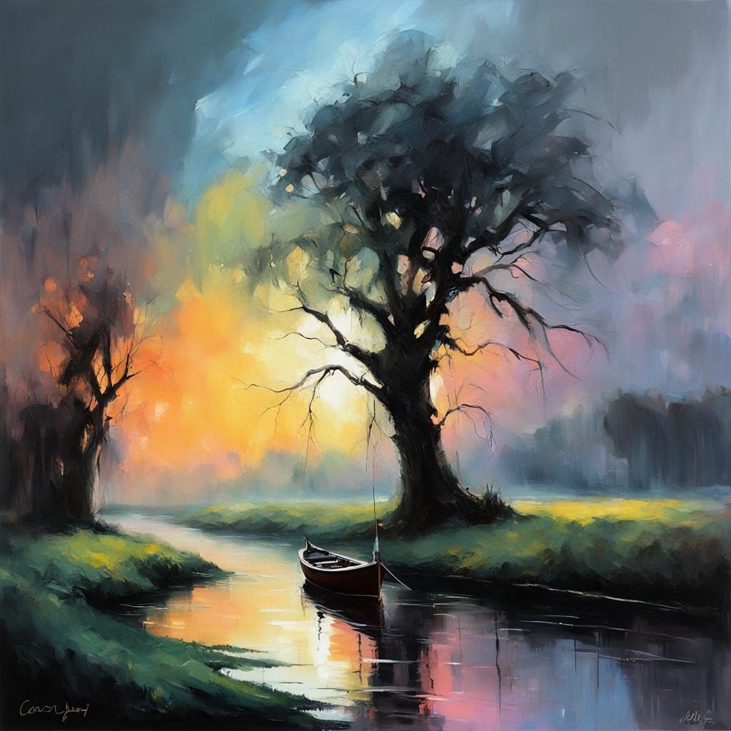 Dreamlike River Boat Scene in Allegory Style