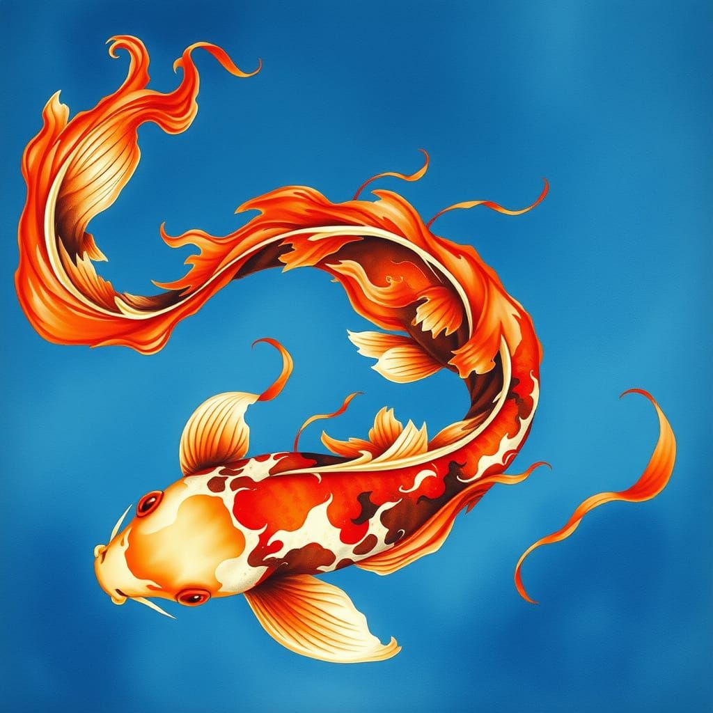 Fiery Koi Drifting Over Blue Lake Watercolor Painting