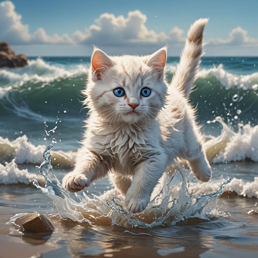 Fluffy Kitten Leaping in Ocean: Fantasy Concept Art