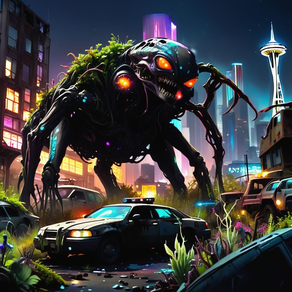 Apocalyptic Seattle Cityscape with Bioluminescent Alien Flor...