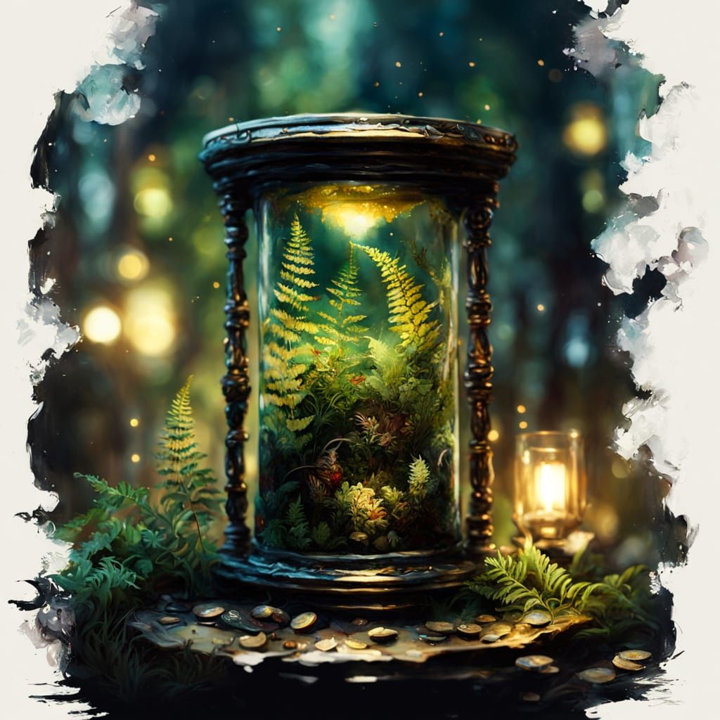 Fern Garden in Hourglass: Dark Fantasy Oil Painting