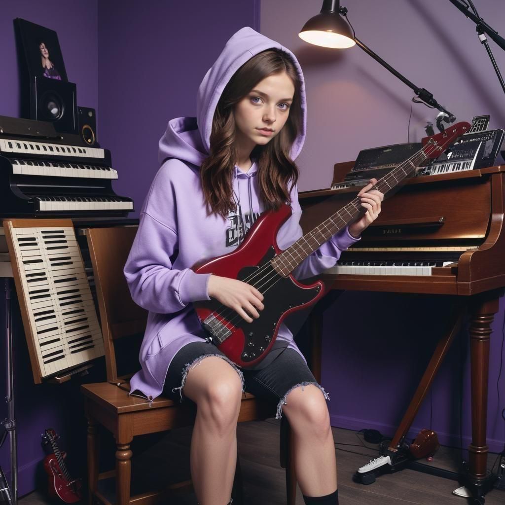 Girl with Bass Guitar in Music Room