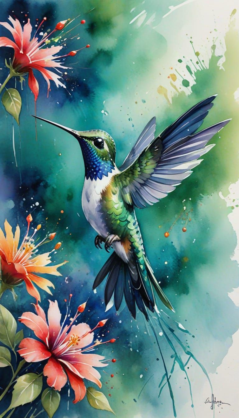 Hummingbird in Flight: Delicate Watercolor Painting