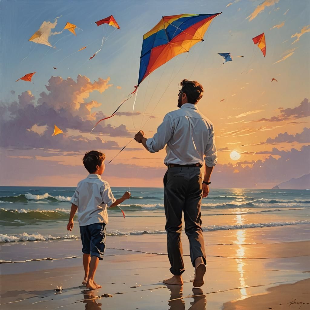 Father and Son Kite Launching at Sunset