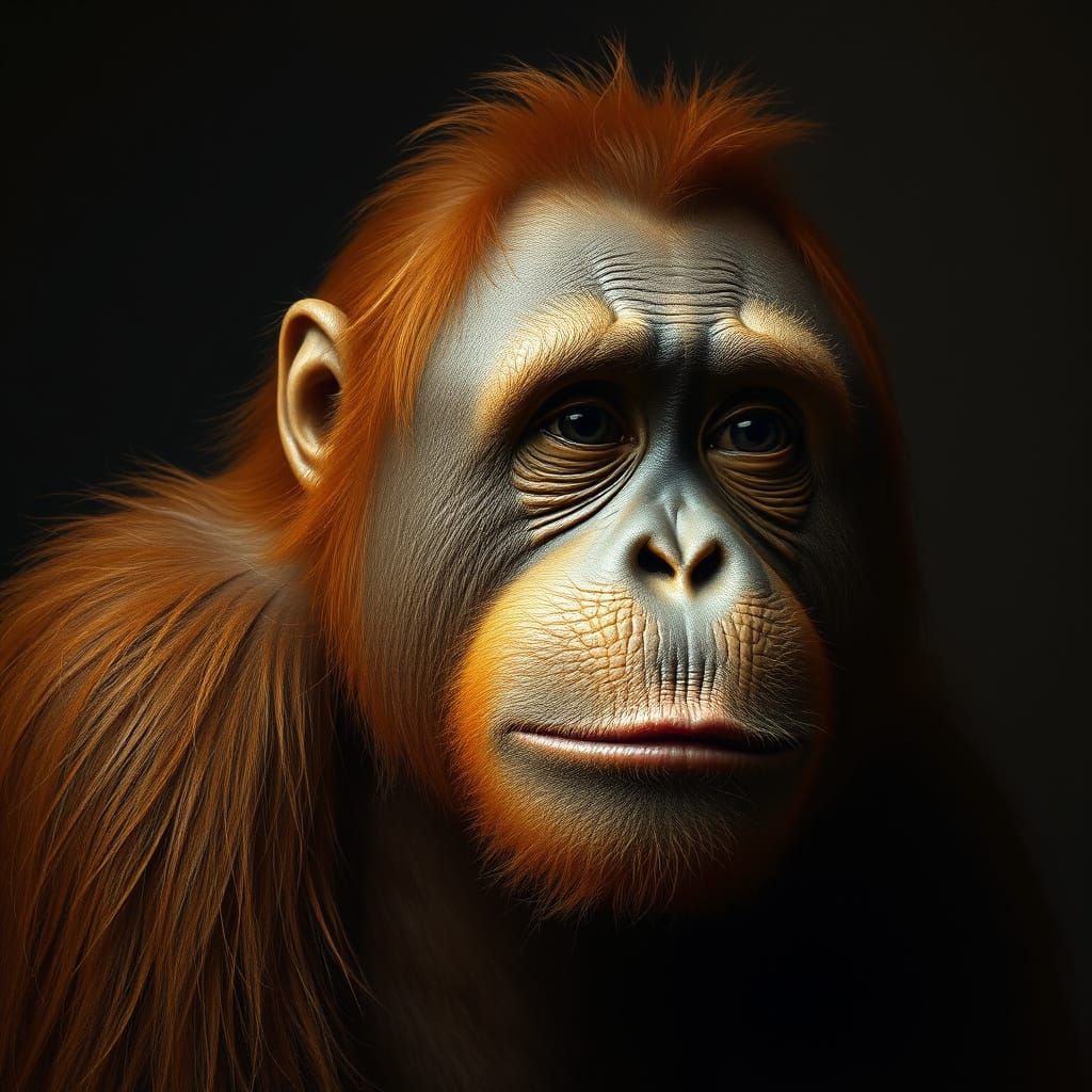 "A photorealistic portrait of a Bornean orangutan, rendered in the exquisite and timeless style of Leonardo da Vinci. Th...