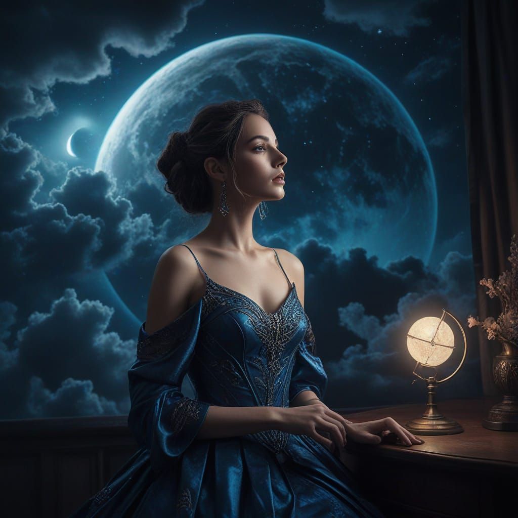 Elegant Lady of the Night in a Mystical, Iridescent Galaxy