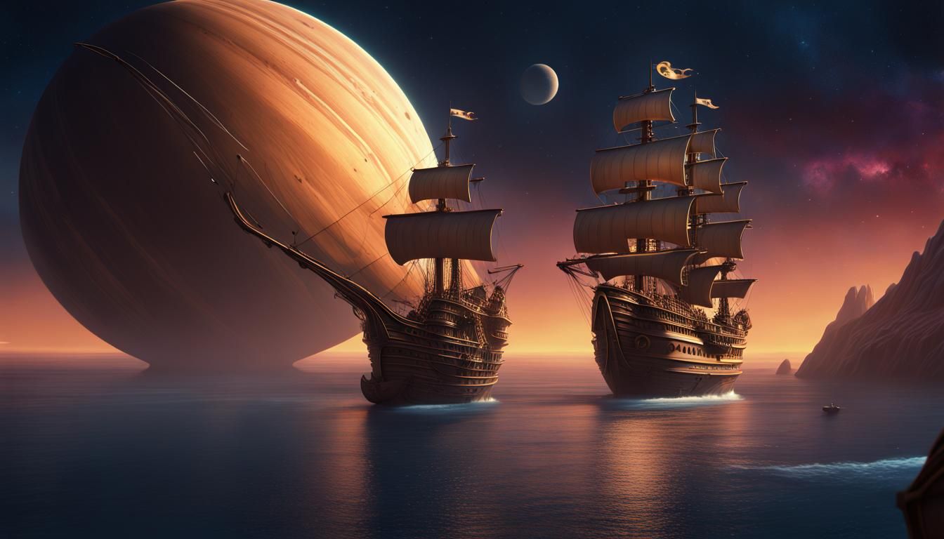 Pirate Ship Sails Past Saturn in Disney Style
