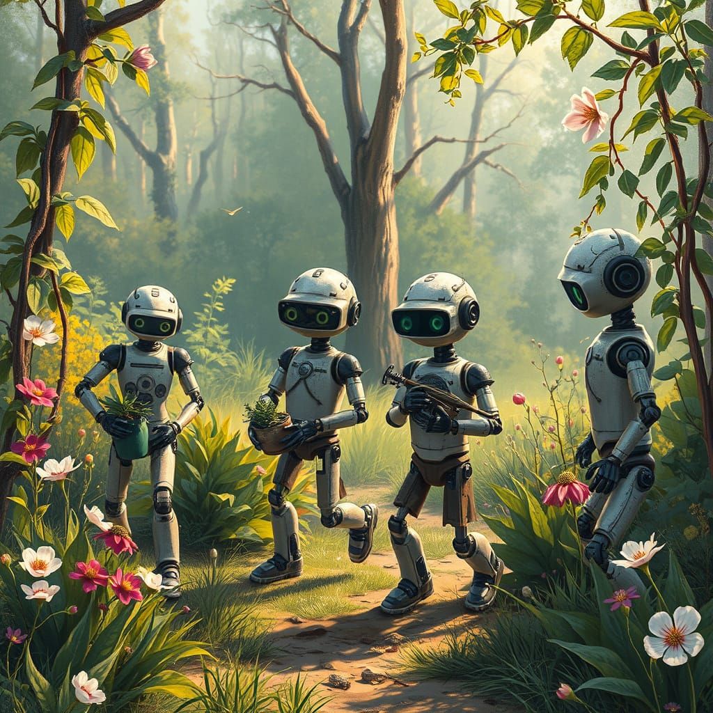 Whimsical Robots in Spring Food Forest, Romantic Textured St...
