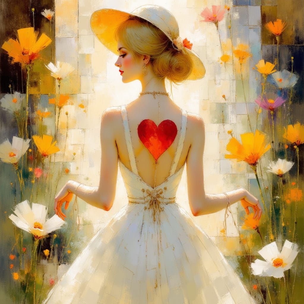 Elegant Woman with Heart, in Alphonse Mucha Style