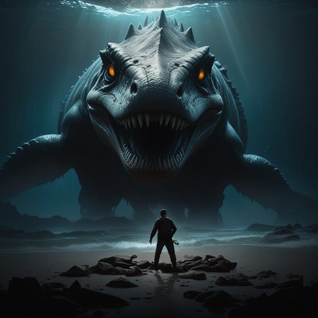Fearless Warrior Confronts Mosasaur in a Dark Dreamscape