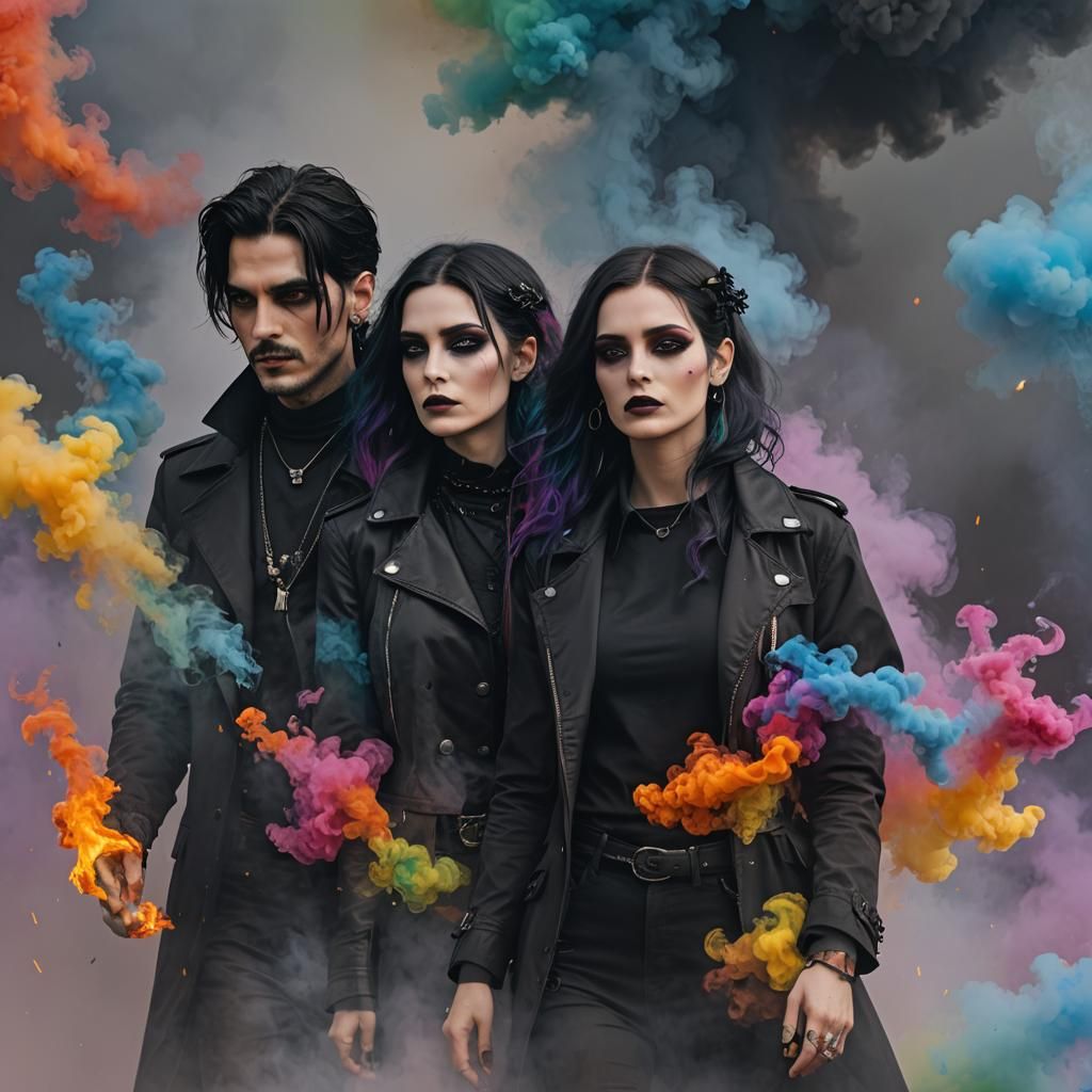 Ethereal Gothic Figures in Rainbow Smoke, Hyperrealistic
