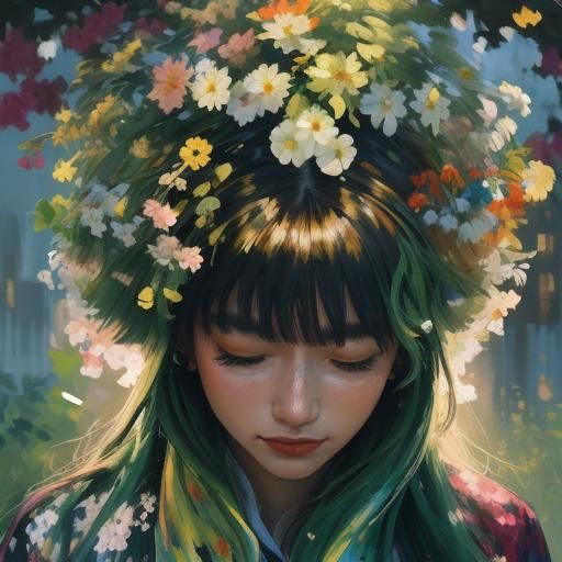 Woman in Garden: Impressionistic Oil Painting