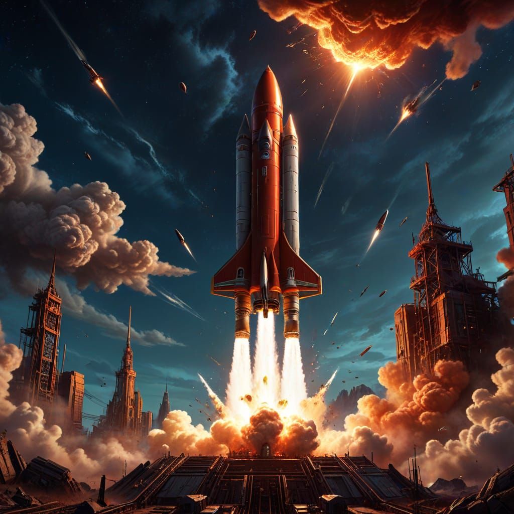 Red and Gold Rocket Launch in Comic Book Style