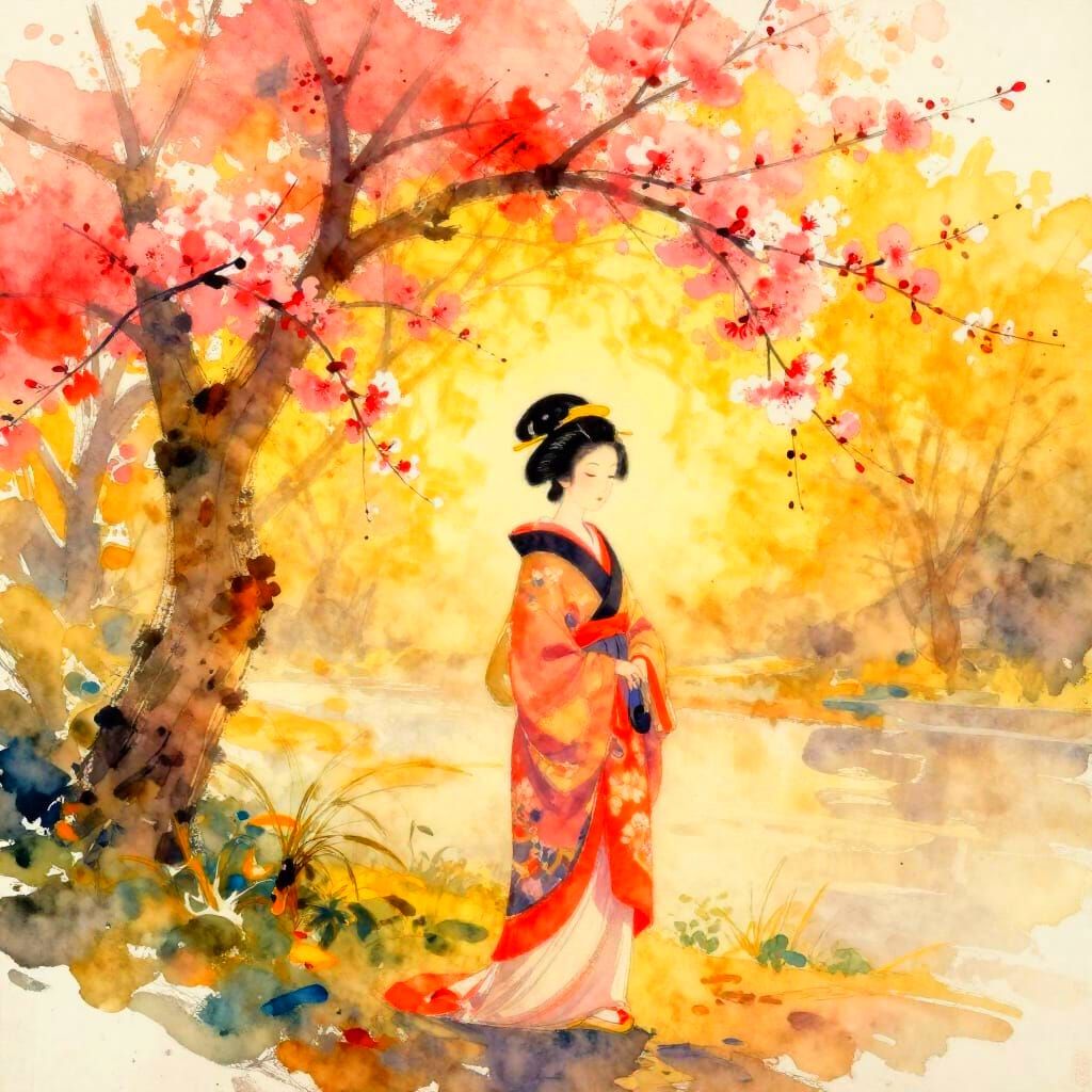 Geisha on Blossom Path in Golden Hour Watercolour