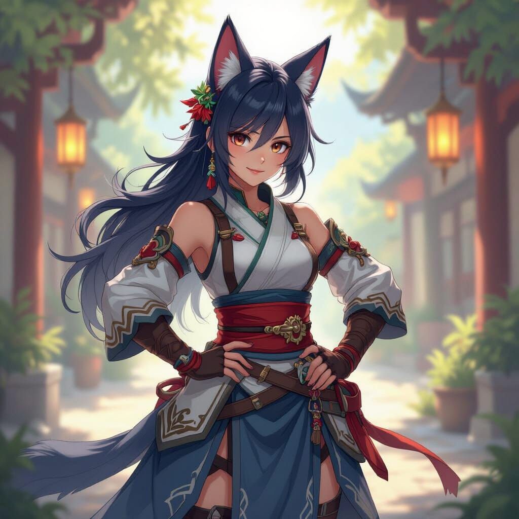 Heroic Miqo'te in Vibrant Manga Style