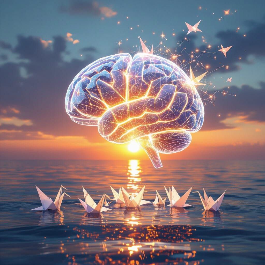 Crystal Brain Dissolving Into Origami Cranes