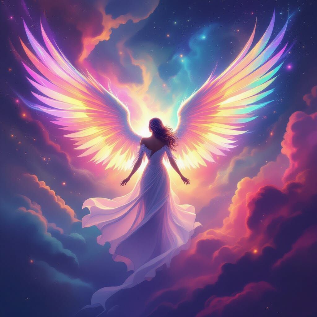 Ethereal Angel Bathed in Cosmic Nebula Colors