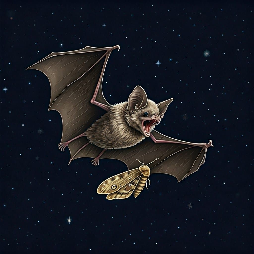 Little Brown Bat Catching Moth Under Starry Night
