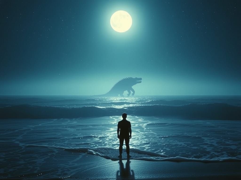 Moonlit Ocean Watcher with Mythical Sea Creature