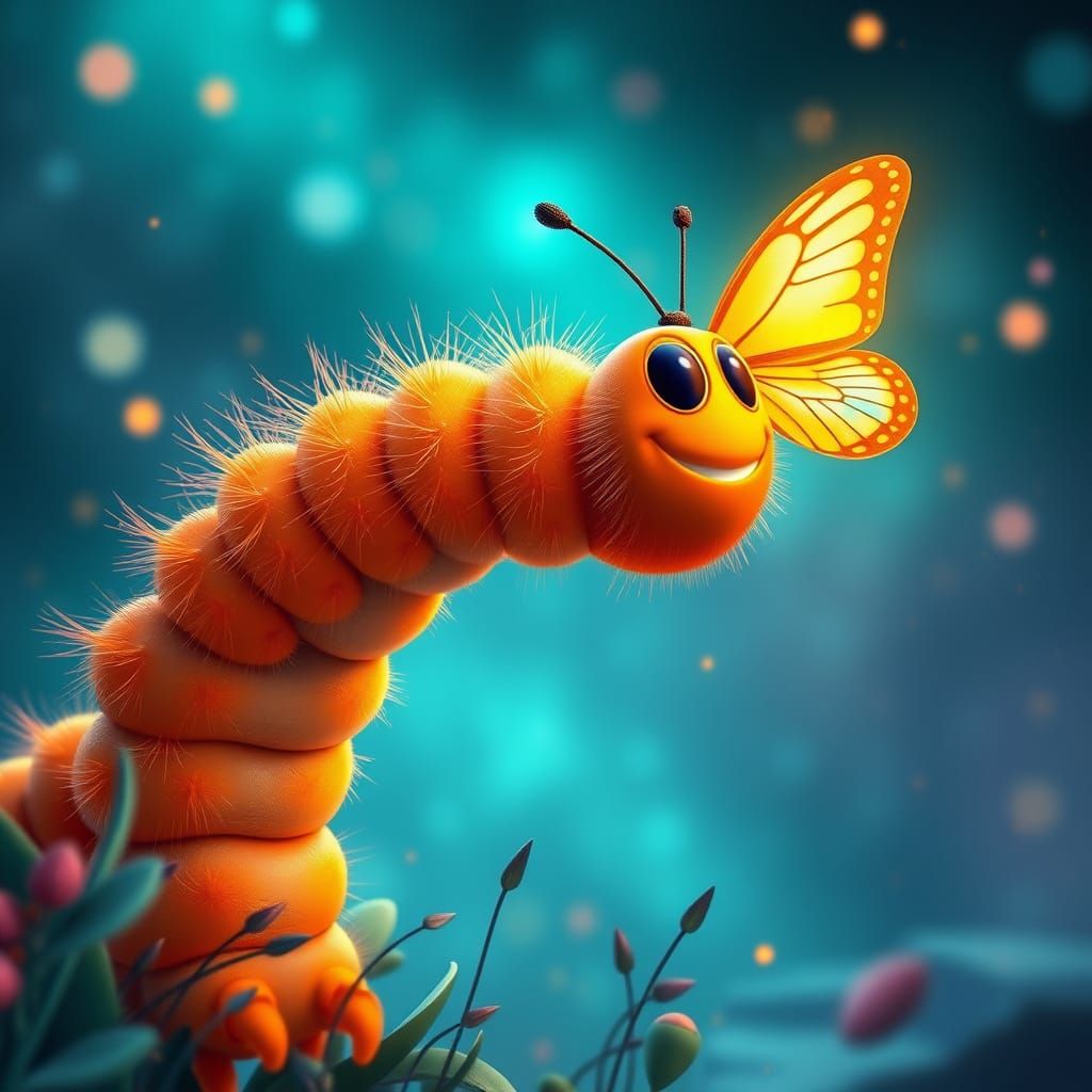 Smiling Caterpillar and Butterfly: Digital Concept Art