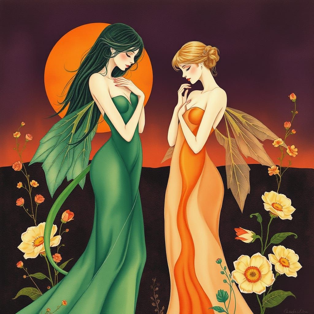 Ethereal Nymphs in Watercolor Sunset Landscape