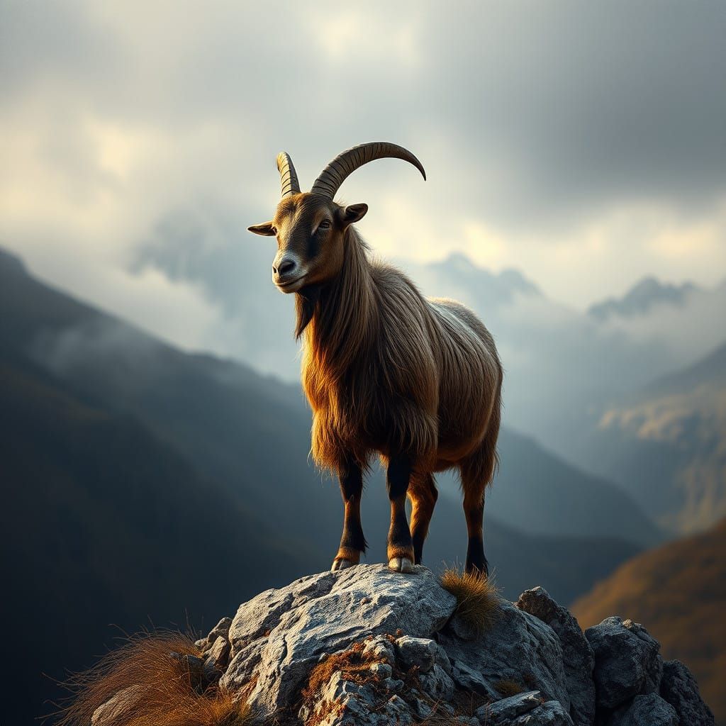 Majestic Goat on Windswept Mountain Outcropping