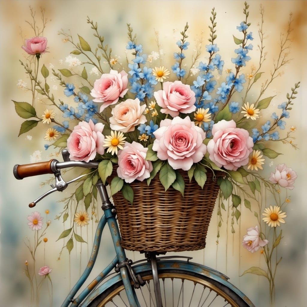 Romantic Vintage Bicycle with Pastel Flowers in Painterly St...