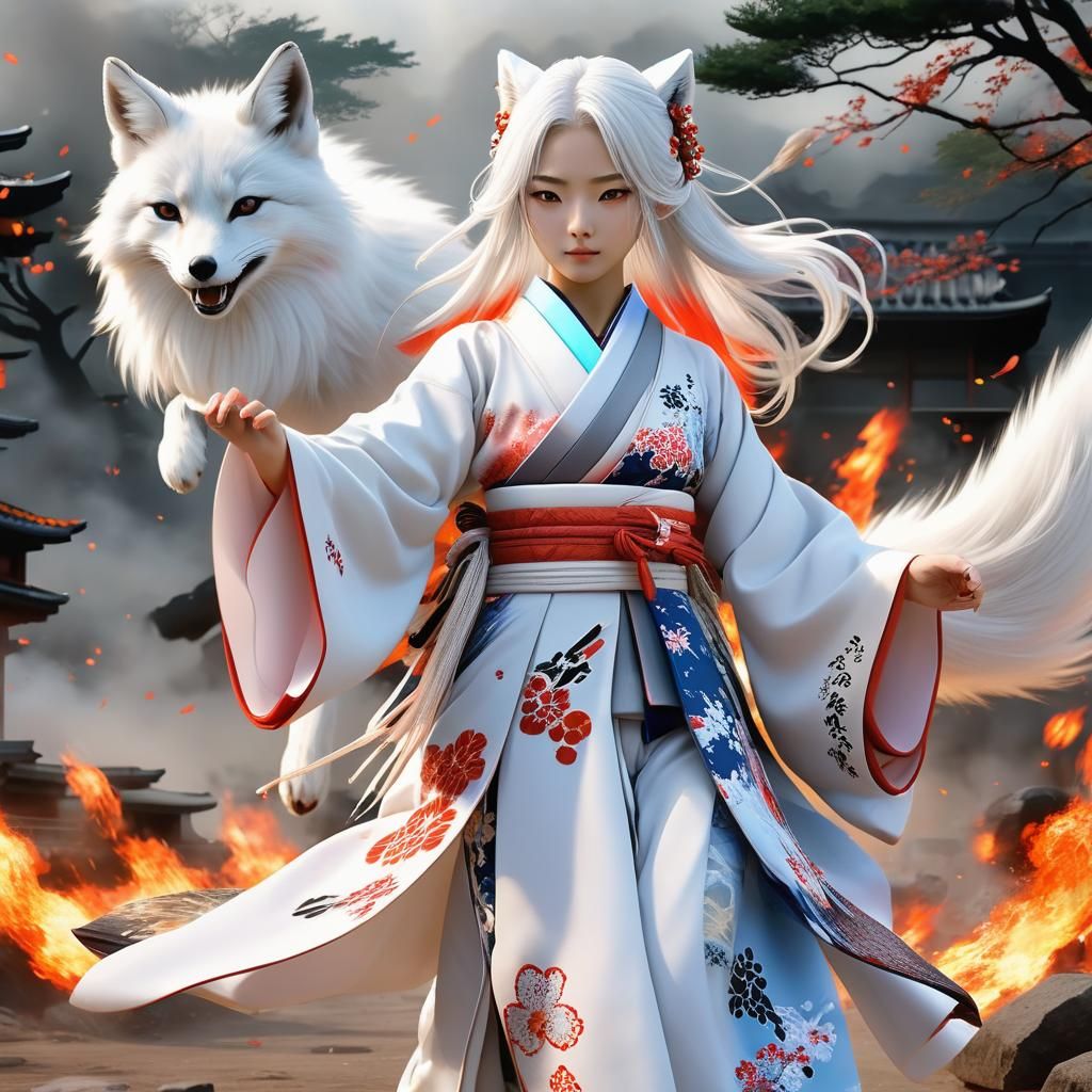 Anime Girl Rides Fox Across Inferno Battlefield