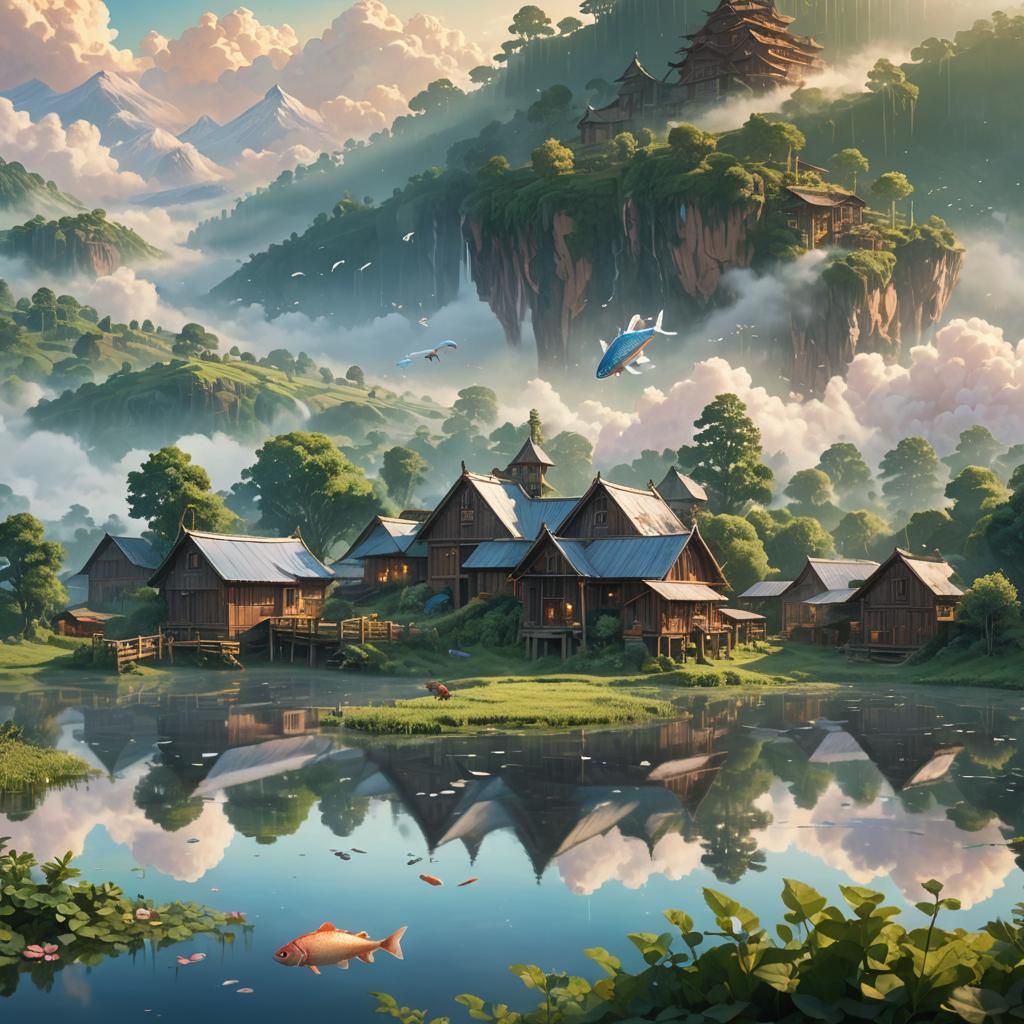 Ethereal Farm on Giant Fish in Clouds