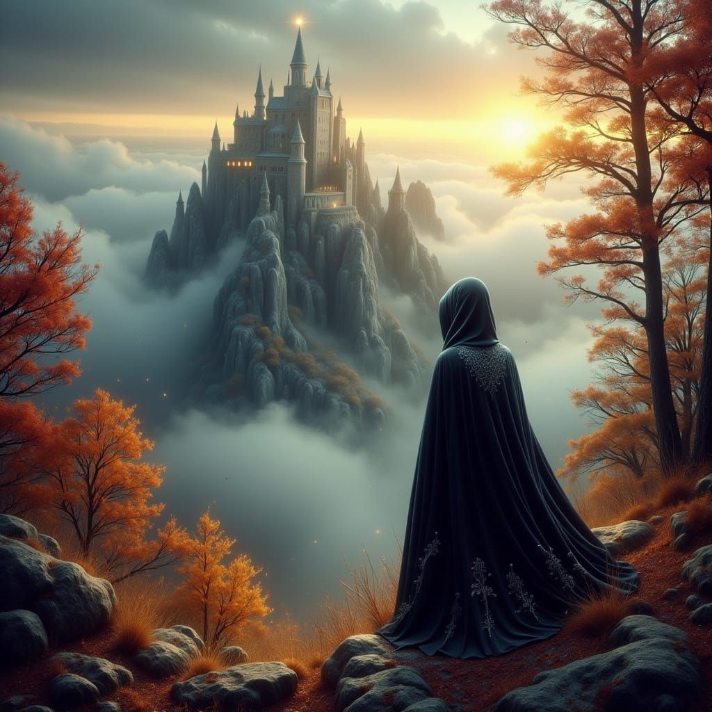 Mysterious Figure Stands Before Enchanted Castle