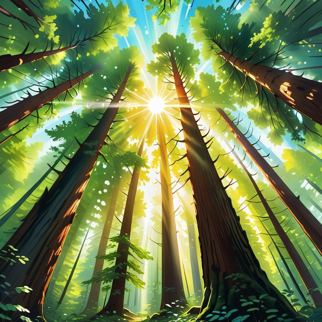 Sunlight Through Trees in Forest, Hyperrealistic Painting