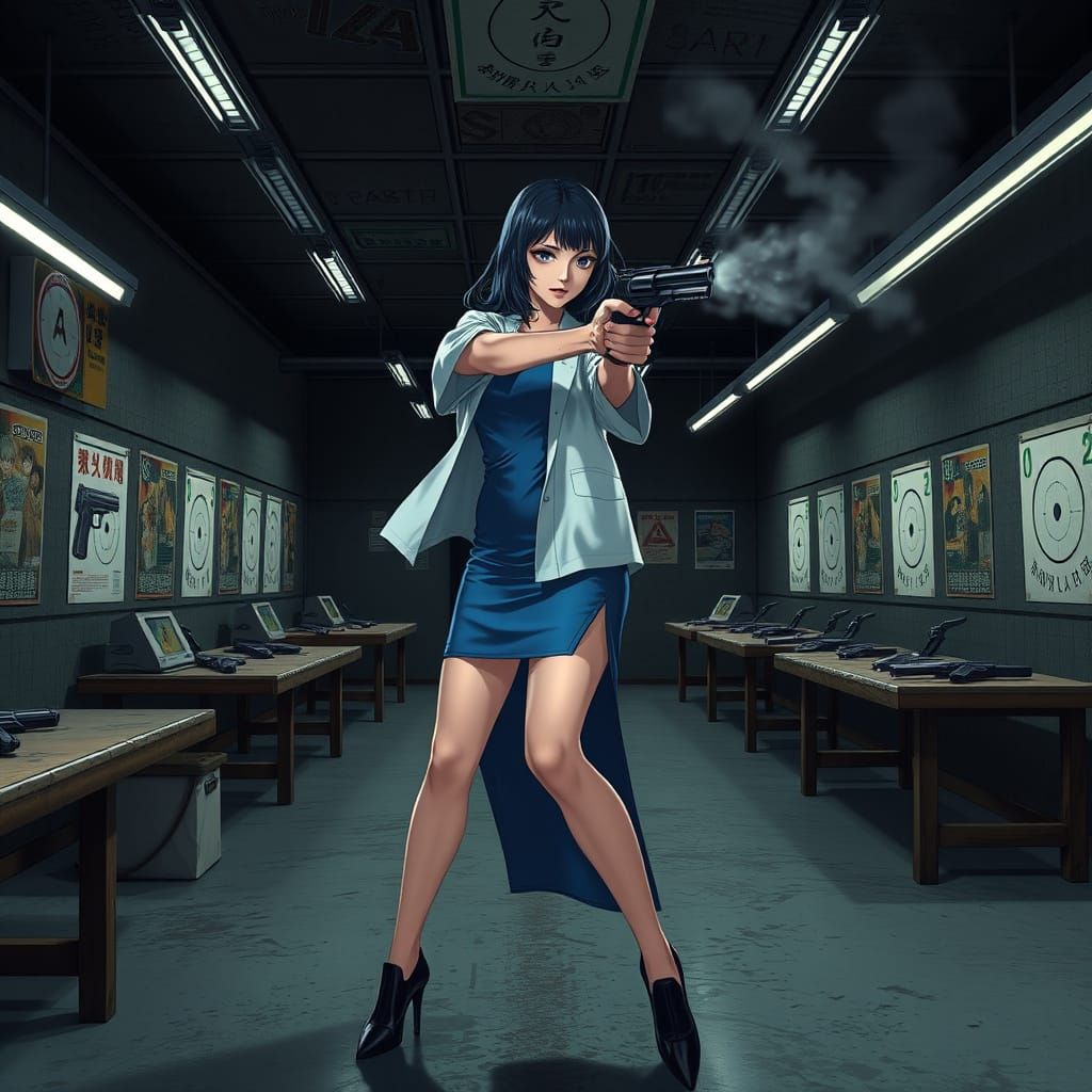 Elegant Woman Shoots at a Neon-Lit Range in Anime-Inspired S...