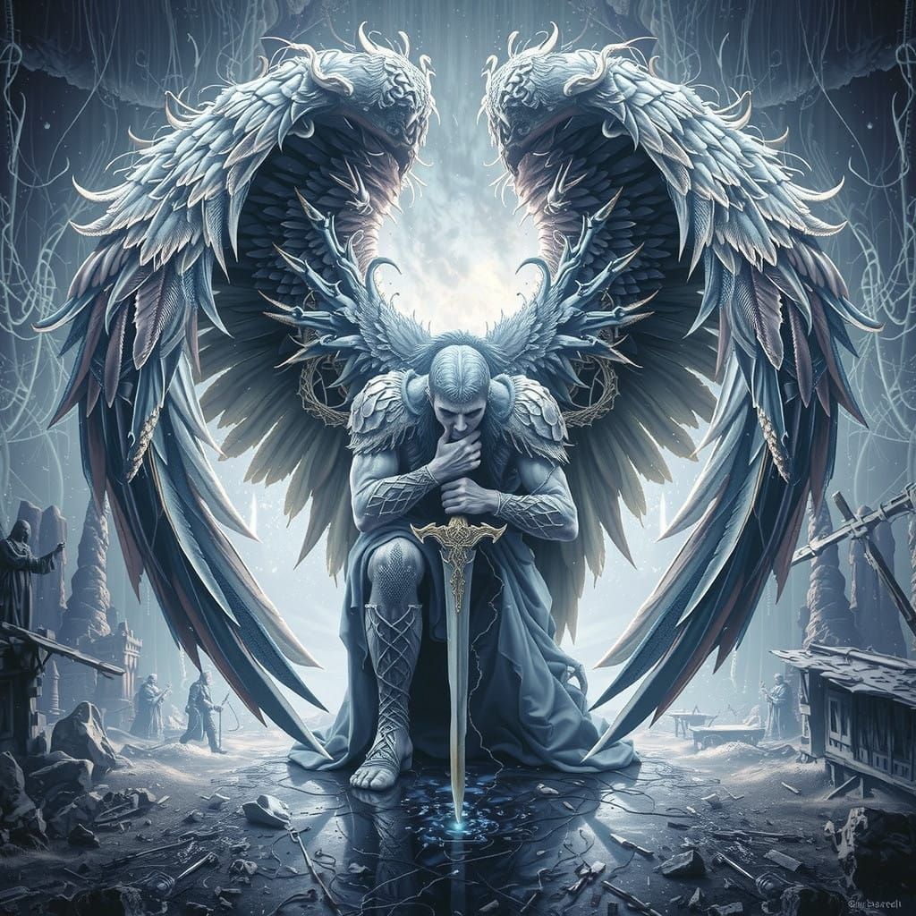 Majestic Fallen Angel on Desolate Mountain Peak