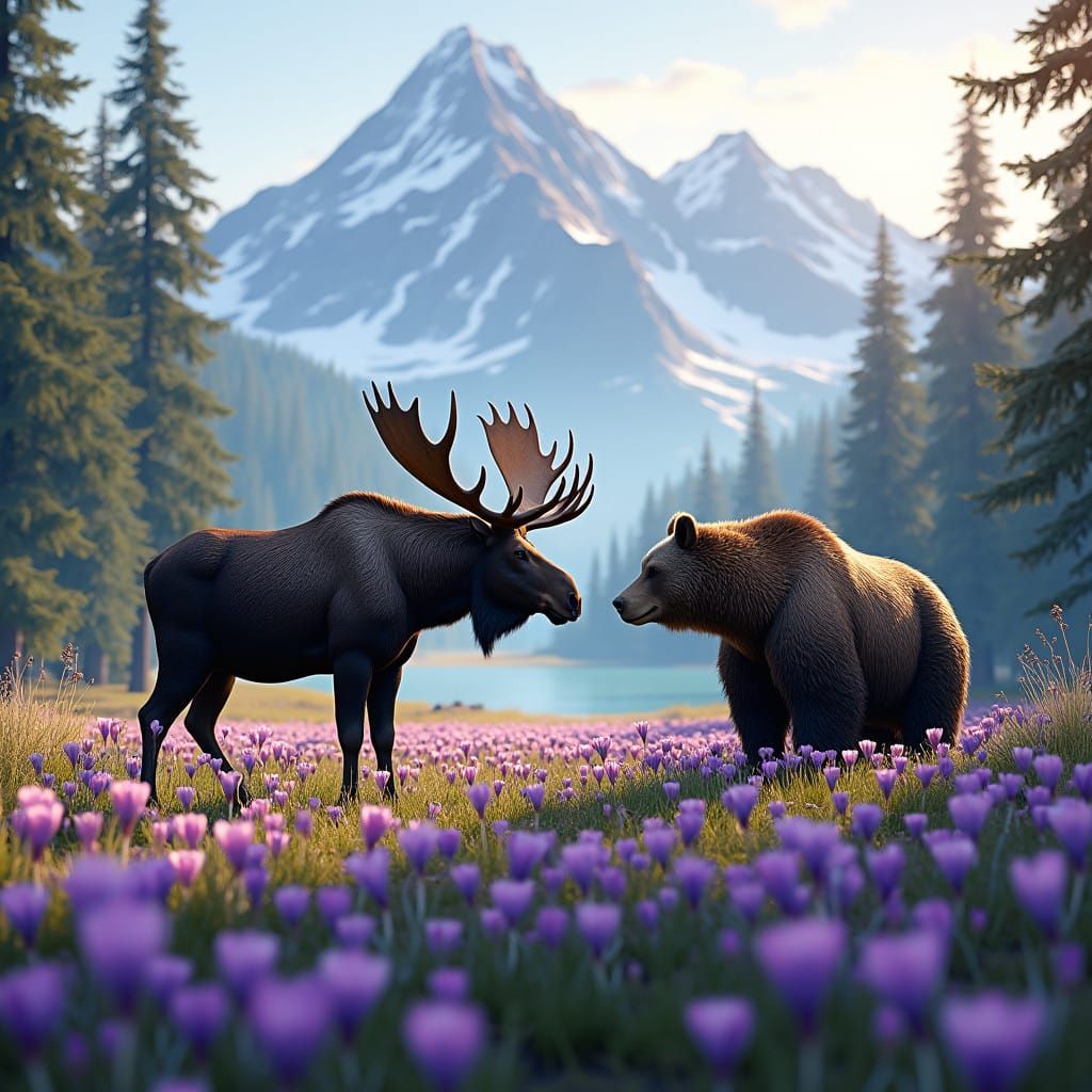 Majestic Bull Moose and Grizzly Bear Encounter in Enchanted...